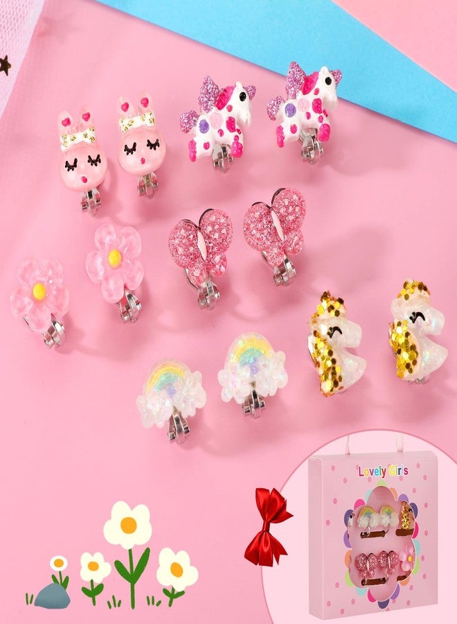 Wingchold 6Pairs Unicorn Flower Clip On Earrings for Little Girls, Toddler Butterfly Clip On Jewelry Rainbow Earrings Kids Dress Up Jewelry - Image 3